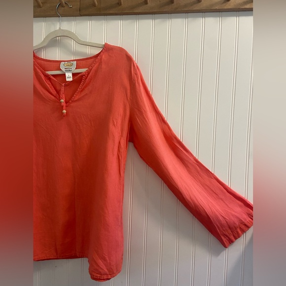 Talbots Irish Linen V Neck Long Sleeve Preppy Pink Tie Neck Coastal Size Large - Picture 3 of 7